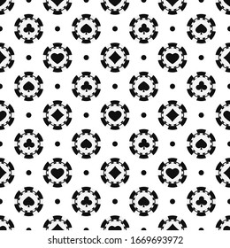 Black and white poker chips seamless pattern. Monochrome casino chip with card suits: hearts, spades, diamonds, clubs print on white background. Vector flat simple endless texture illustration.