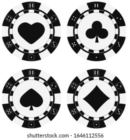 Black and white poker chips set with card suits: hearts, spades, diamonds, clubs. Monochrome casino chip icons isolated on white background. Vector simple flat design cartoon style illustration. 