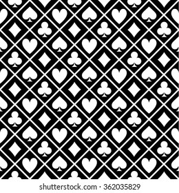 black and white poker pattern with symbols of cards suits