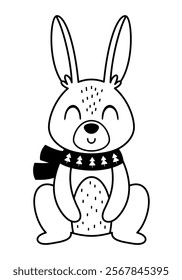 Black and white Polar rabbit clipart. Cute Arctic animal clipart. Hand draw vector illustration in flat style