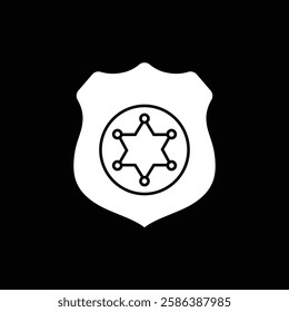 Black and White Police Badge Icon with Sheriff Star Symbol. Law Enforcement, Security, Authority, and Protection Emblem Vector Illustration.