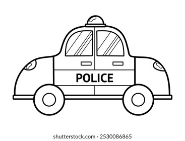 Black and white police car in cartoon style for kids. Cute special transport in outline isolated. Patrol vehicle clipart. Vector illustration