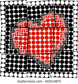 Black and white polka dots background with red heart silhouette together vector print pattern.