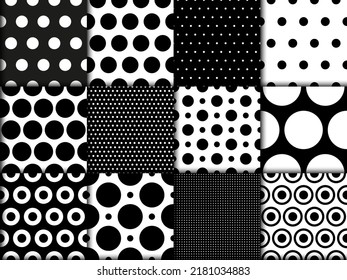 Black and white polkadot seamless patterns set collection