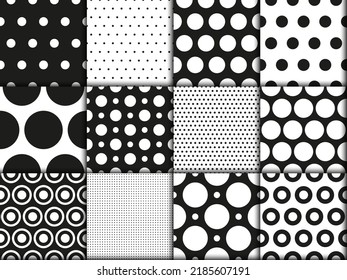 Black and white polkadot seamless patterns set collection