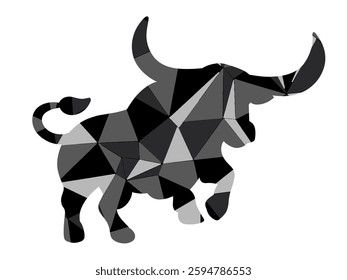 Black and White Polygon Charging Bull Silhouette – Hand-Drawn Vector Illustration