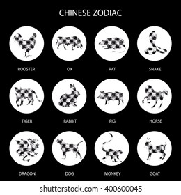 Black and white Polygon Chinese zodiac signs icons set. Rat snak