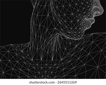 A black and white polygonal illustration of a man's face, constructed with geometric wireframe lines and triangular shapes. The abstract design features sharp angles and a futuristic aesthetic,.