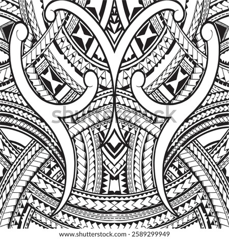 Black and white Polynesian tattoo design with geometric patterns, shark teeth, sun, waves, and spirals. Inspired by Māori, Samoan, and Marquesan art. Ideal for sleeves, back, chest, or shoulder tattoo