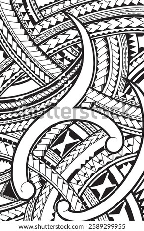 Black and white Polynesian tattoo design with geometric patterns, shark teeth, sun, waves, and spirals. Inspired by Māori, Samoan, and Marquesan art. Ideal for sleeves, back, chest, or shoulder tattoo