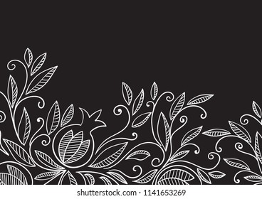 Black and white pomegranate background. Thin line vector illustration