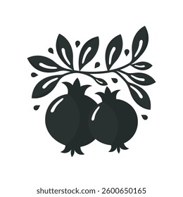Black and White Pomegranate Flat Vector Illustration Isolated on White Background