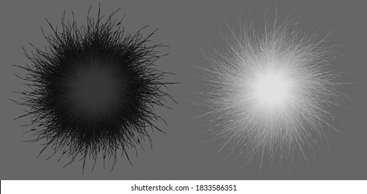 Black and white pompon. Fluffy pompon isolated. Fur ball. 3D vector illustration.