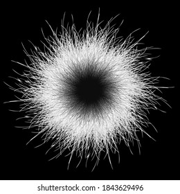 Black and white pompon. Fluffy pompon isolated. Fur ball. 3D vector illustration.