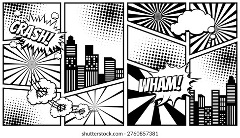 Black and White Pop Art Comic Background with City Skyline, Explosion Effects and Halftone Pattern