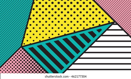 black and white pop art geometric pattern juxtaposed with bright bold blocks of squiggles. Material design background. Futuristic, prospectus, poster, magazine, broadsheet, leaflet, book, billboard
