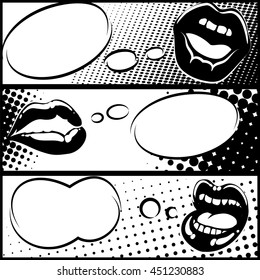 Black and white pop art horizontal banners with lips and speech bubbles. Vector illustration