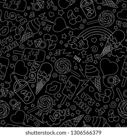 Black and white pop pattern on black background. Fashion illustration drawing in modern style for clothes. Drawing for kids clothes, t-shirts, fabrics or packaging. Ice cream, sweets, candy.