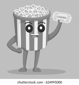 black and white popcorn character with cinema ticket black and white style