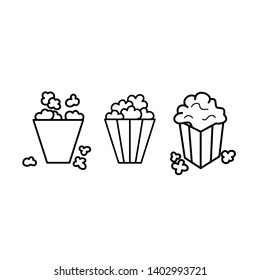 Black and white popcorn line icon set. Sweet or salty corn. Fast food logo. 