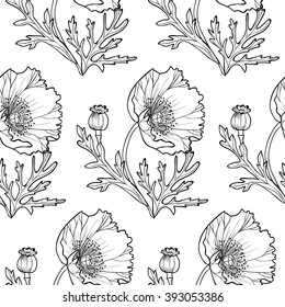 Black and white poppies. Vector seamless pattern