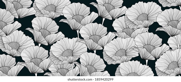 Black and white Poppy flower line art background vector.  Flower wall arts design for home decoration, print and fabric. vector illustration.