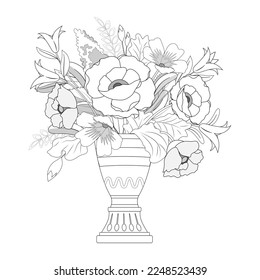 Black and white poppy and wild flowers big bouquet in a vase. Coloring book page. Vector illustration.