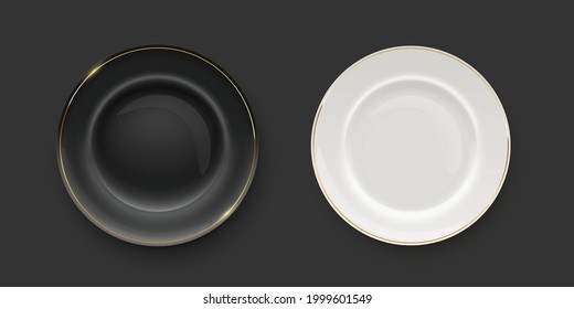 Black and white porcelain plates with golden border on black background. Empty dishes for dinner, breakfast or lunch vector illustration. Clean dishware with decoration, flat lay.