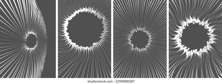 Black and white portal hole made from many curved strips. Abstract energy vortex teleport. Virtual reality cyberspace. Design for banner, poster, cover or brochure. 3d vector in technology style.