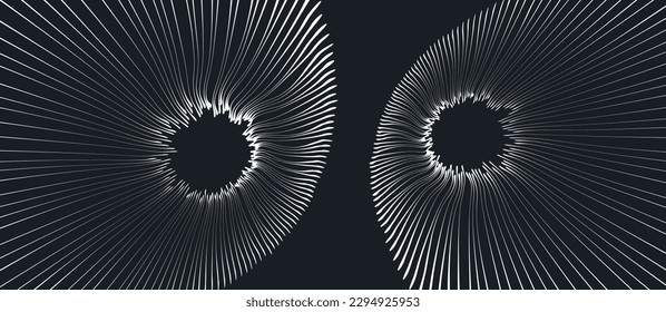 Black and white portal hole made from many curved strips. Abstract energy vortex teleport. Virtual reality cyberspace. Design for banner, poster, cover or brochure. 3d vector in technology style.