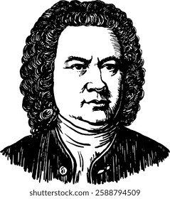 Black and white portrait of Bach drawn with a pen