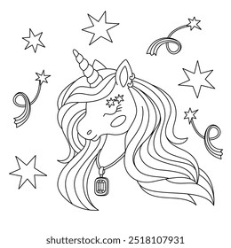 Retrato en blanco y negro de hermoso unicornio con melena larga y colgante. Esquema de Ilustración vectorial de libro para colorear