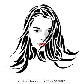 black and white portrait of a beautiful young woman with long hair. abstract hair exposed to the wind. isolated white background. flat vector illustration.