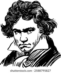 Black and white portrait of Beethoven drawn with a pen