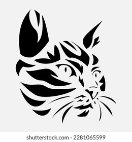 black and white portrait of cat face with tribal tattoo style. isolated white background. flat vector illustration.