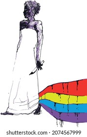 Black and white portrait of a dark-skinned woman in a long white outfit with a knife in her hand against a rainbow background, draw in vector