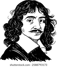 Black and white portrait of Descartes drawn with a pen