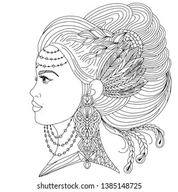 Black and white portrait of a girl with a beautiful hairstyle with feathers and jewels. Coloring book for adults and children. Vector illustration