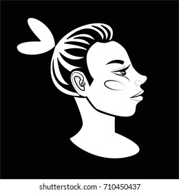 Black and white portrait of a girl. Logo. Beams. Vector illustration.