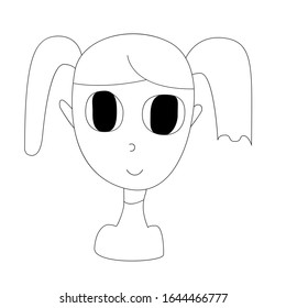 Black and white portrait of a girl with two ponytails on a white background. Doodle style. Prepared for animation. Hand drawing. Funny character illustration.