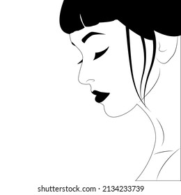 Black and white portrait of a girl. Vector face of a girl. Portrait of a girl in profile