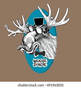 Black and white portrait of a moose with mustache and glasses in an blue oval frame on a kraft background. Vector illustration.