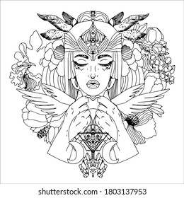 Black and white portrait of a woman with closed eyes. Flowers and wings on the background.Coloring book for adults. Vector illustration