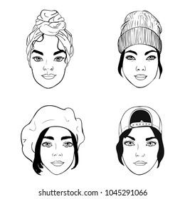 black and white portraits of girls with different headpieces, fashion vector illustration 