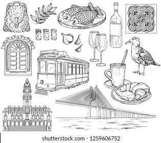 Black and white Portugal landmarks and images Sketch. Porto and Lisbon landmarks. Vector illustration