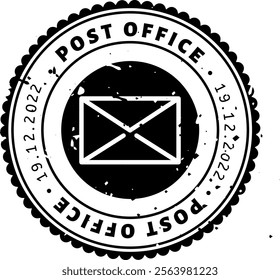 Black and white post office rubber stamp showing an envelope icon and the date, isolated on a white background, ideal for postal service and communication concepts