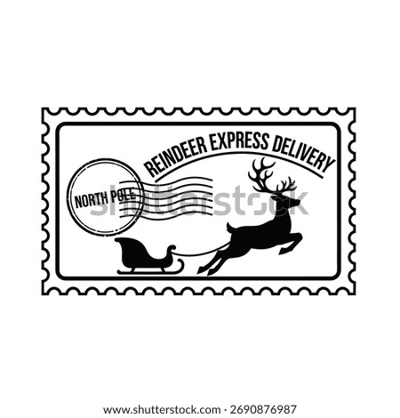 A black and white postage stamp design featuring a reindeer pulling Santas sleigh, with text Reindeer Express Delivery and North Pole postmark, symbolizing festive mail.