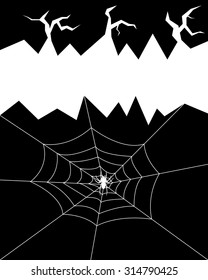 Black and white postcard frame with cobweb, a spider and cracks on zigzags  - Vector and illustration