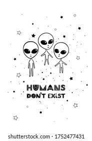 Black and white postcard with stars and aliens