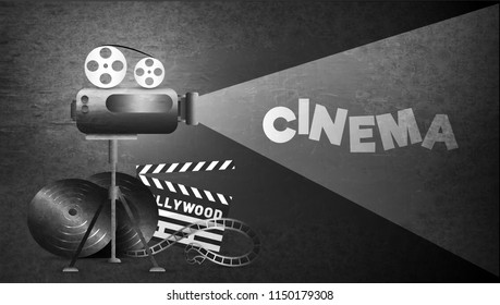 Black and white poster or banner design for cinema with illustration of video camera, film reel on grunge background.